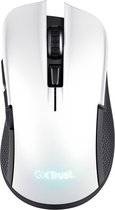 Bovenaanzicht van witte gaming muis met zwart scrollwiel en verlicht GX Trust logo.