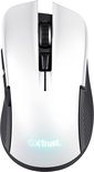 Bovenaanzicht van witte gaming muis met zwart scrollwiel en verlicht GX Trust logo.