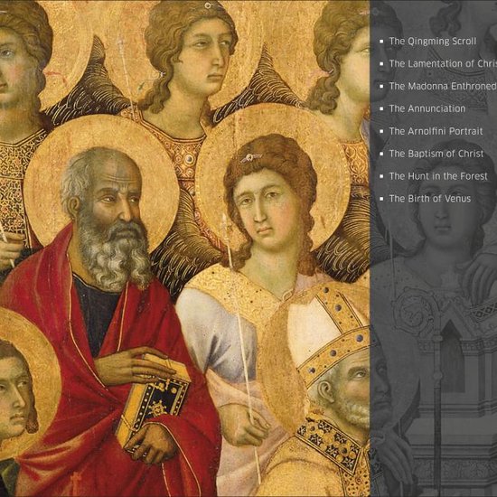 Fragment van een religieus schilderij met gezichten van heiligen en engelen, gouden aureolen.