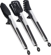 Set - Lot de 3 - Pinces à Viande - Pinces de Service - Pinces de Cuisine - Pinces à Spaghetti - Pinces à Pâtes - 30 CM - Inox & Siliconen - Zwart