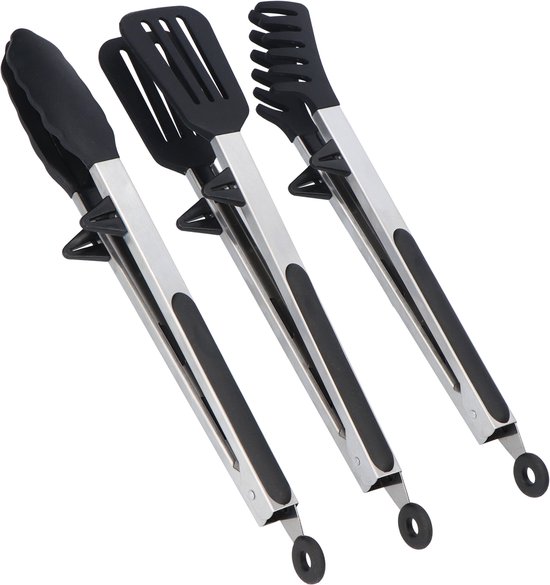 Set - Lot de 3 - Pinces à Viande - Pinces de Service - Pinces de Cuisine - Pinces à Spaghetti - Pinces à Pâtes - 30 CM - Inox & Siliconen - Zwart