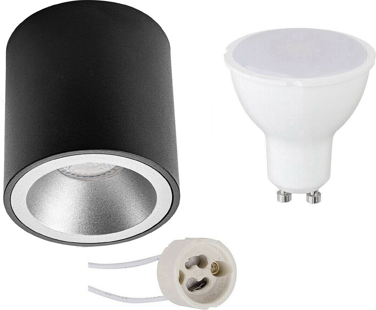 Opbouwspot Set - Proma Cliron Pro - GU10 Fitting - Opbouw Rond - Mat Zwart/Zilver - 4W - Warm Wit 3000K - Verdiept - Ø90mm