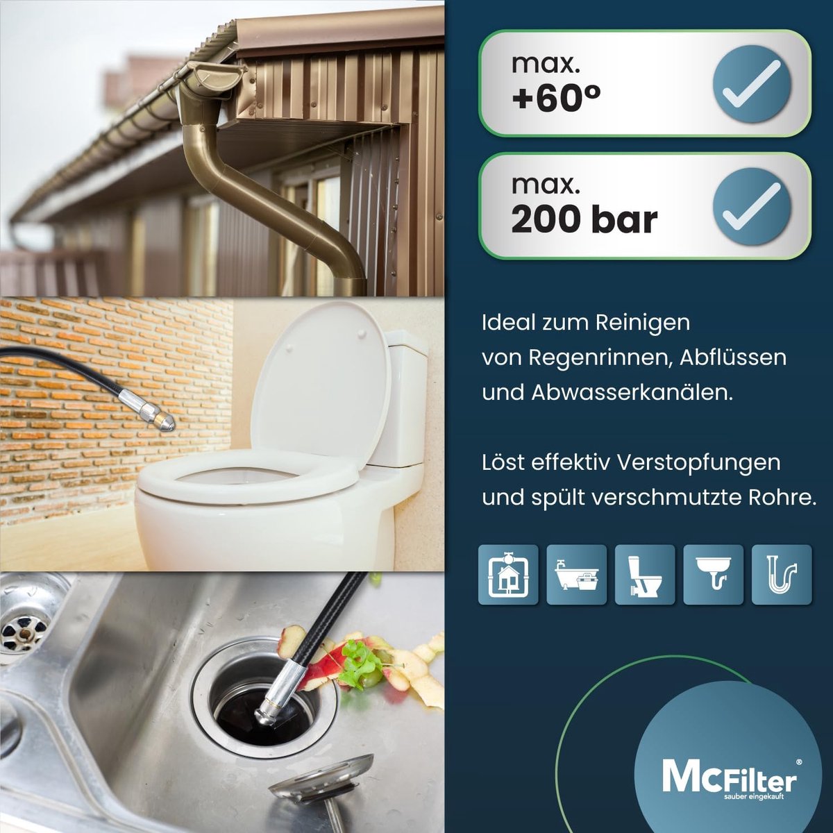 cFilter Tuyau de nettoyage de canalisation, 20 , 200 bar 60 °C – avec