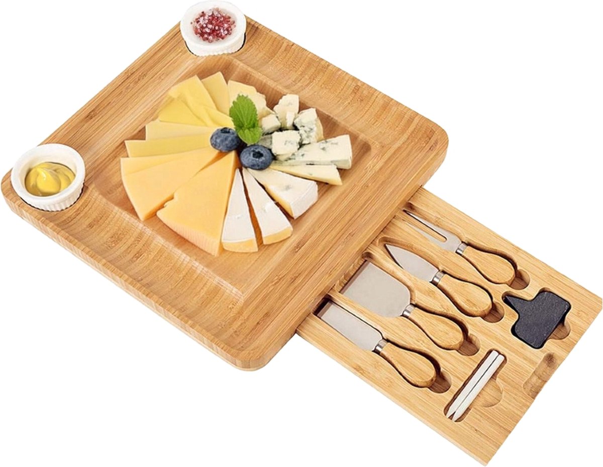 Ceruzo Luxe Tapasplank - Uitschuifbare Borrelplank Set met Messen - Bamboe Kaasplank 33x31 cm