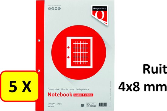 Un cahier blanc avec un cercle rouge et un symbole de cahier à carreaux de 4x8 mm. Un autocollant jaune avec '5 X' est attaché sur le côté gauche.