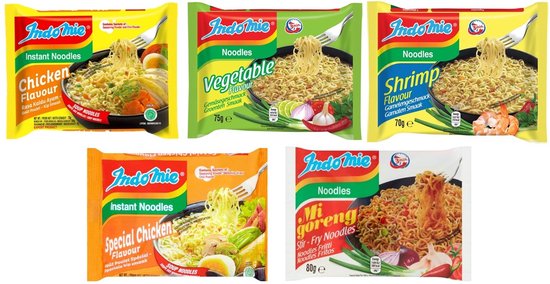Indomie Instant Noodles, 5 soorten, Kip, Groente, garnaal, Mi goreng , Special 30 x 75 g