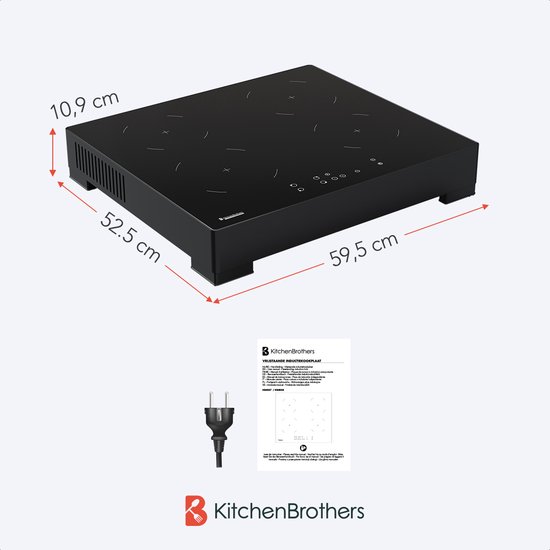Plaque de cuisson à induction KitchenBrothers noire, dimensions 59,5 x 52,5 x 10,9 cm.