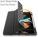 Zwarte hoes voor tablet die auto-slaap/wakker functionaliteit toont.