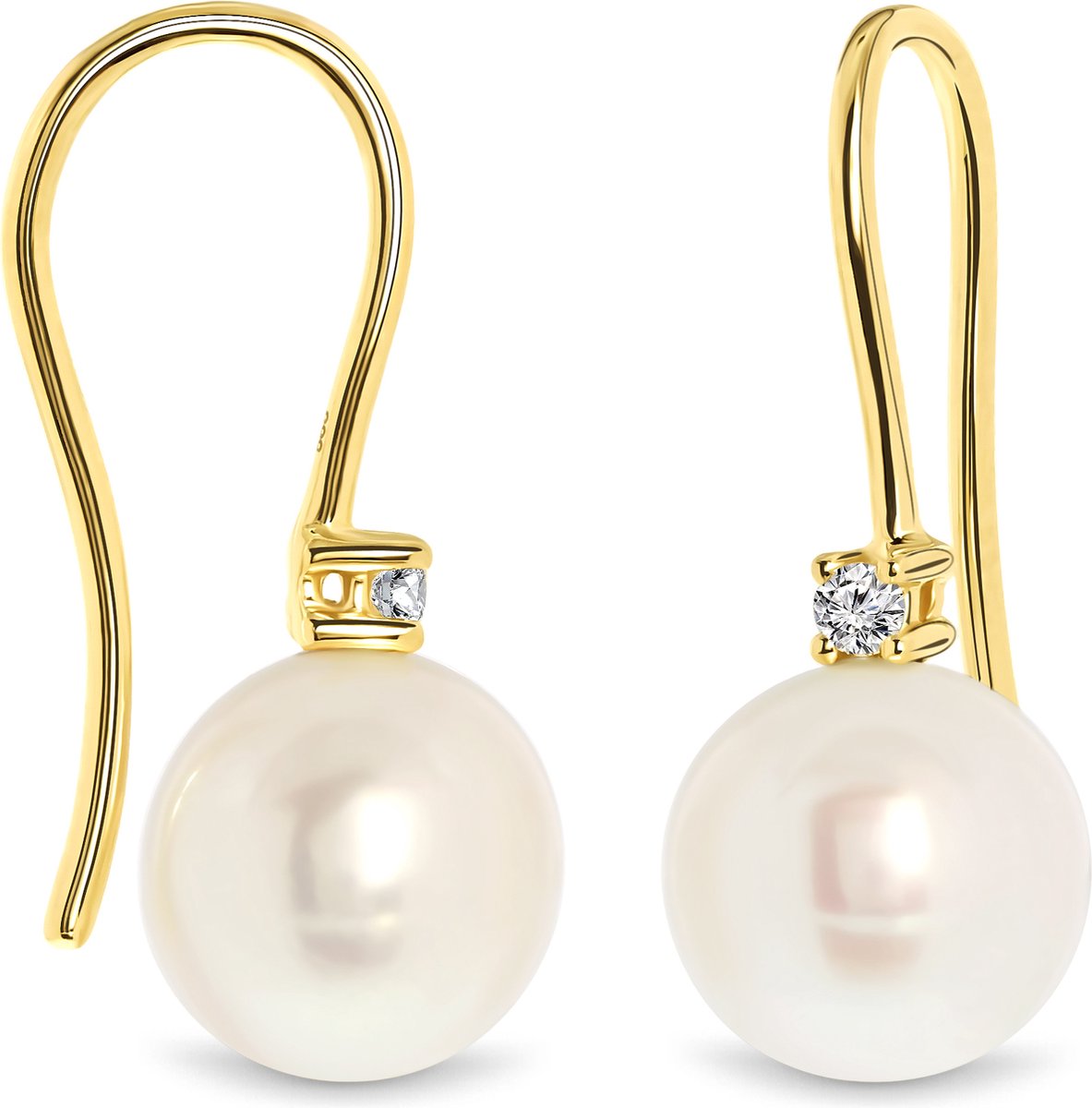 Miore Pure Oorbellen - Gemaakt van 14 Karaat Goud - Met Zoetwaterparels en Diamanten - Handgemaakte Sieraden - Hypoallergene Oorhangers - Elegante Dames Sieraden - 8.5 mm