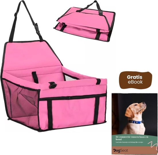 Roze DogSeat autostoel voor honden, inklapbaar, met verstelbare riemen en mesh zijkanten.