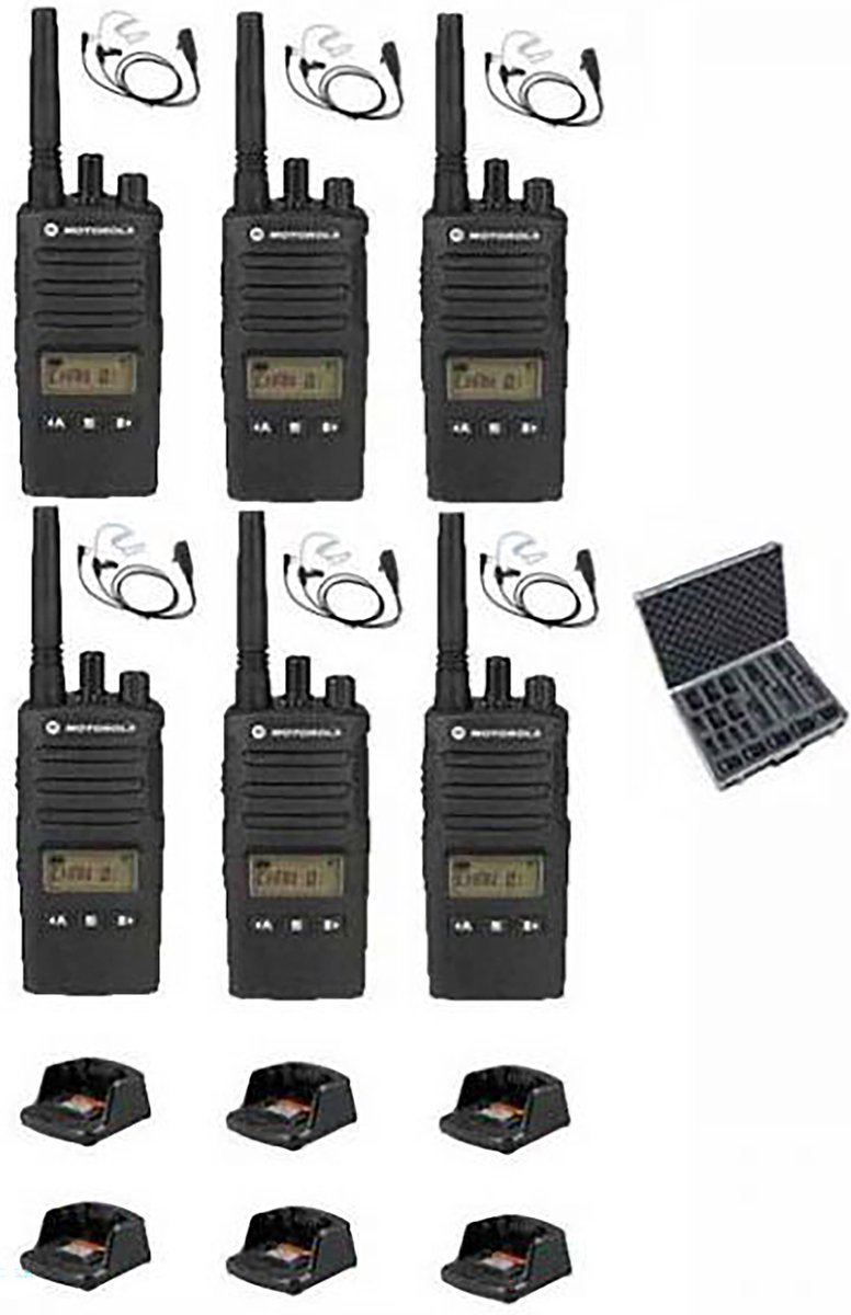 Set van 6 Motorola XT460 IP55 PMR446 met beveiliging oortje tafellader koffer