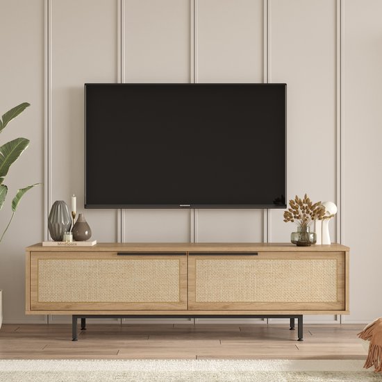 Foto: Tv meubel 160cm stijlvol retro design met vlechtwerk look uv print staande tv kast op metalen poten