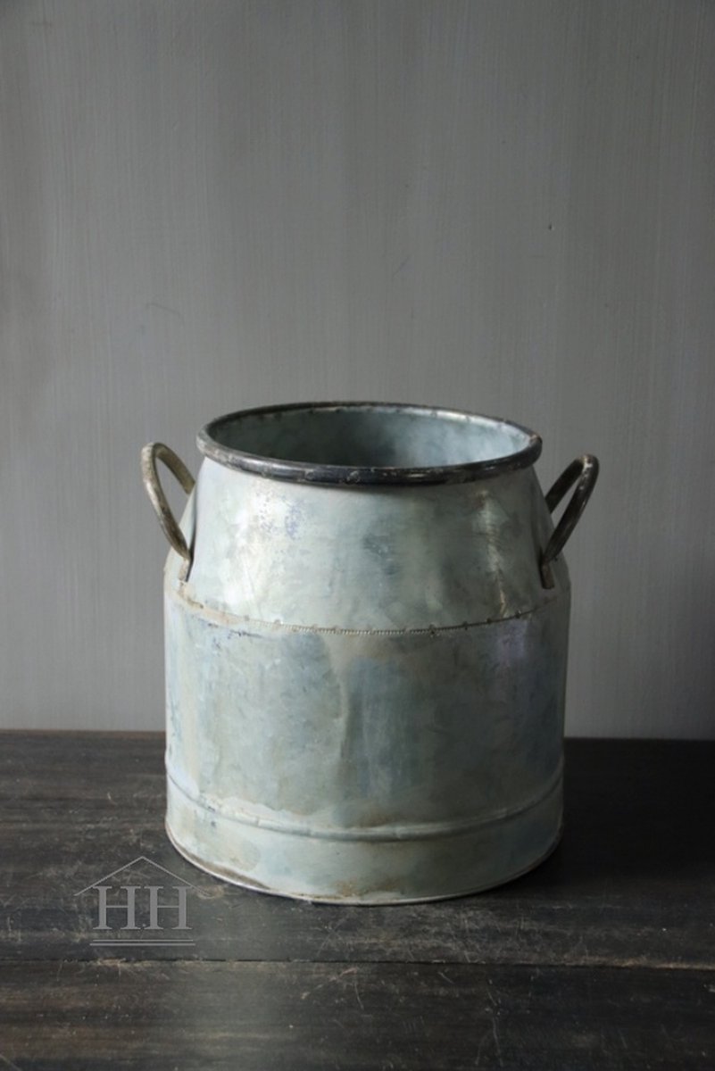 Zinken pot met handvat h20xb19cm bloempot zink voor kunstplanten binnen & buiten
