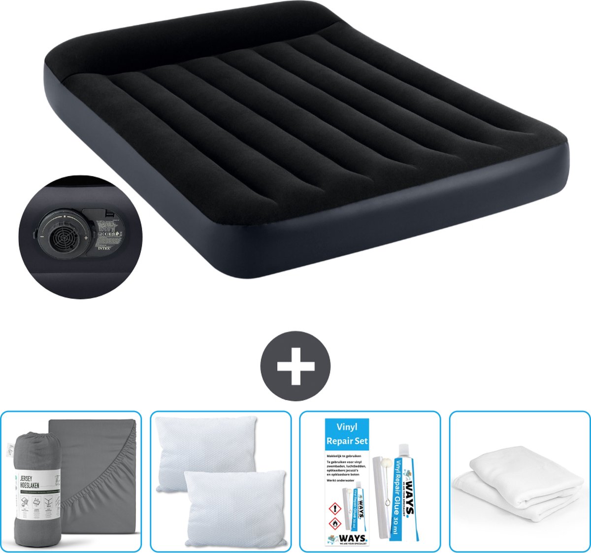 Intex Luchtbed - Twijfelaar - 137 x 191 x 25 cm - Blauw - Met ingebouwde pomp Hoeslaken Antraciet Kussen Molton 2 in 1 Kussenslopen en Reparatieset