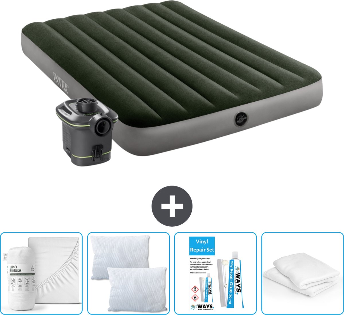 Intex Luchtbed - Twijfelaar - 137 x 191 x 25 cm - Groen - Inclusief pomp - Hoeslaken - Kussen - Kussenbeschermer en Reparatieset
