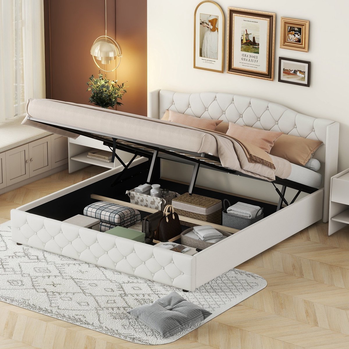 Sweiko Gestoffeerd bed Tweepersoons bed 180 x 200 Multifunctioneel plat bed met hydraulisch lager, Beige