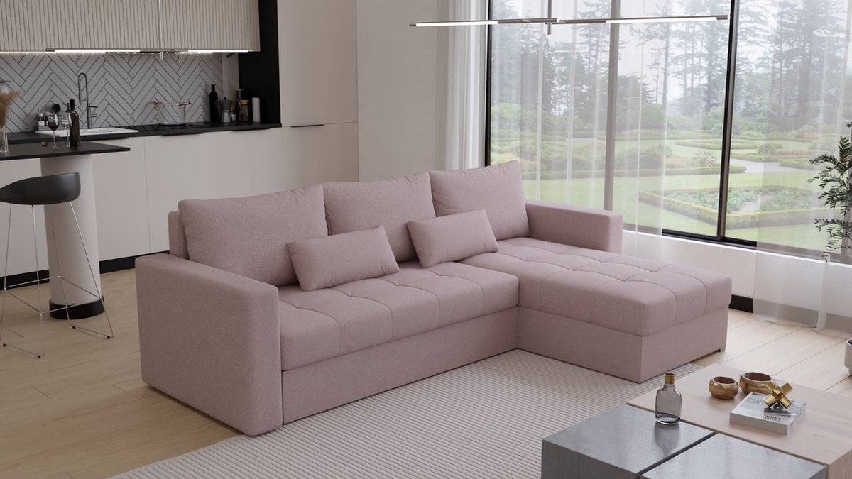 Hoekbank Kreta - Universeel - Stof - Roze - Slaapbank met opbergruimte - Links of Rechts - Direct Leverbaar - Hoekzetel - Chaise longue - Zetel met slaapgedeelte - 3 zits - Zitcomfort stevig