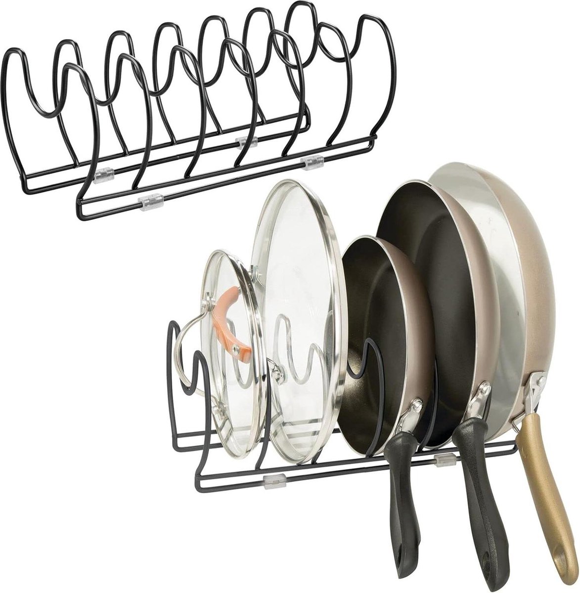Afdruiprek voor pannen deksels en borden compact metalen pannenrek voor de keuken ruimtebesparend bordenrek voor kookgerei set van 2 zwart