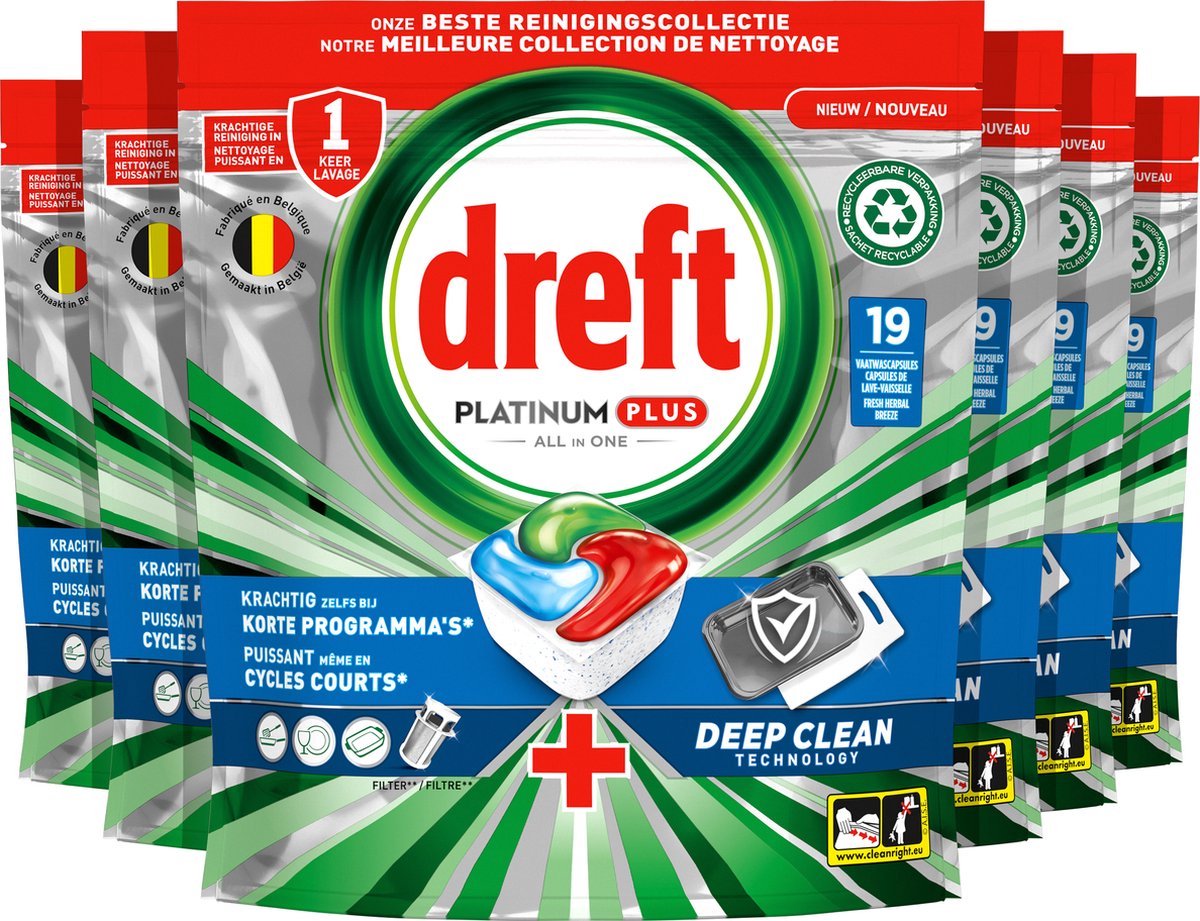 Goedkoopste Dreft Platinum Plus All In One - Vaatwastabletten - Deep Clean Fresh Herbal Breeze - Voordeelverpakking 114 Capsules