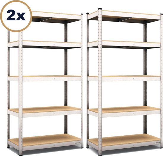 Twee zilverkleurige stellingkasten met vijf houten planken elk. "2x".