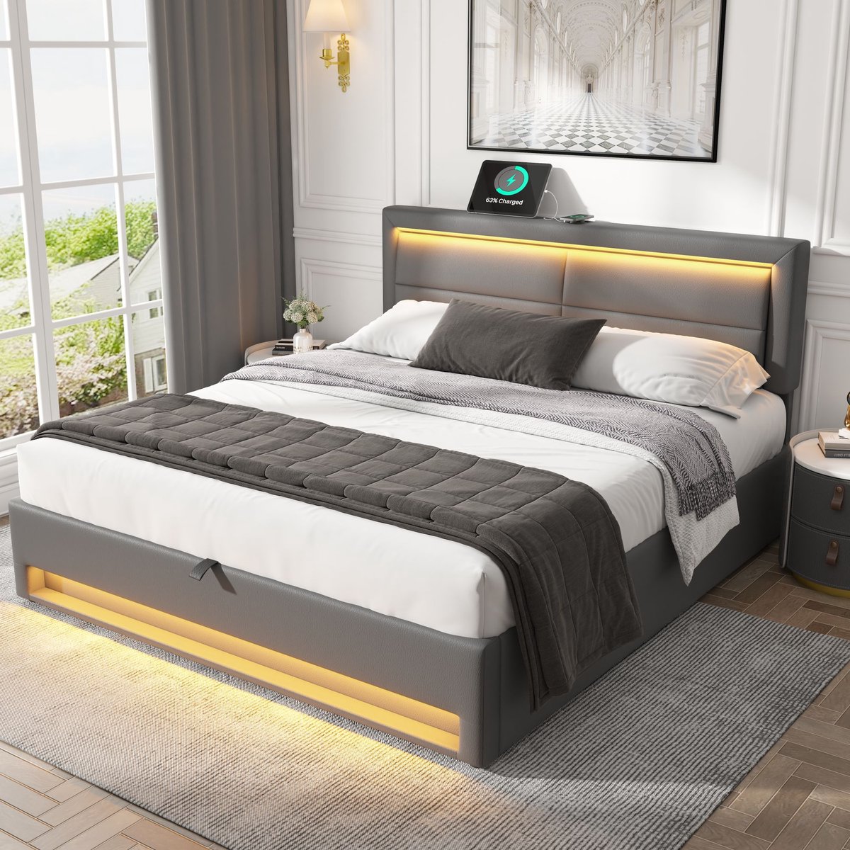Sweiko Gestoffeerd bed 160 x 200 cm, met USB-poort (ondersteunt draadloos en bedraad opladen), met LED-verlichting en opslagruimte, zonder matras, PU lychee patroon