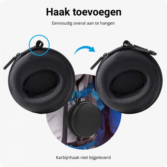 Zwarte, ronde opbergdoosjes voor smartwatches, een met lus en rits, de ander met karabijnhaak.