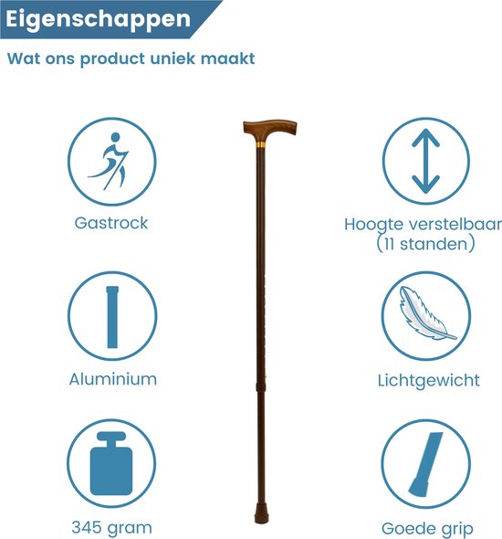 Bruine wandelstok met T-handvat, 11 verstelbare hoogtes, gemaakt van aluminium en lichtgewicht (345 gram).