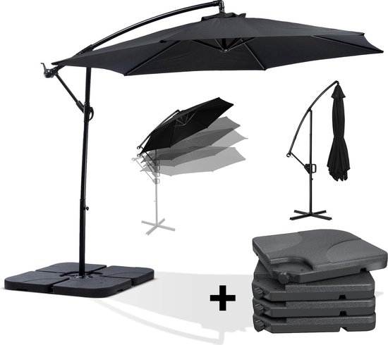 MaxxGarden Deluxe - Duurzame zweefparasol - Ø300 cm - Inclusief vulbare tegels en kruisvoet - 3 meter doorsnede - Zwart - Hoes inbegrepen