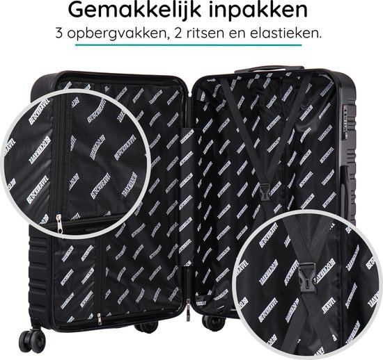 Open zwarte koffer met de tekst 'Gemakkelijk inpakken 3 opbergvakken, 2 ritsen en elastieken'. Close-ups van de binnenkant.