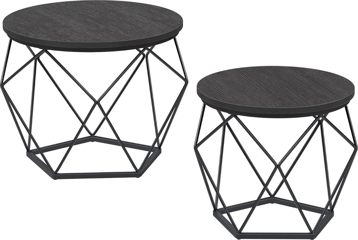 Hoppa! Salontafels, set van 2 bijzettafels van 40 en 50 cm doorsnede , robuust stalen frame, voor woonkamer, slaapkamer, rustiek bruin en zwart