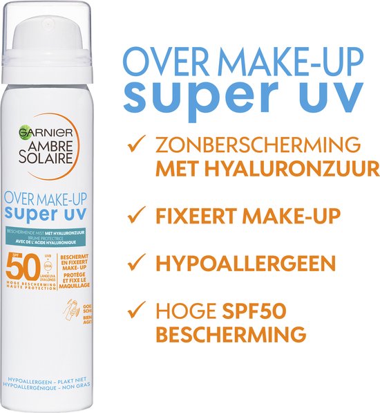 Witte spuitbus met Garnier Ambre Solaire logo, tekst 'OVER MAKE-UP super UV' en vinkjes voor bescherming.