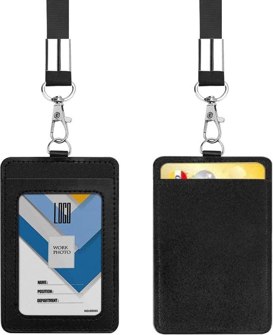 Porte-badge d'identité avec porte-cartes, portefeuille et cordon amovible – Rangement pratique pour carte d'identité, cartes et clés – Accessoire portable pratique – Zwart