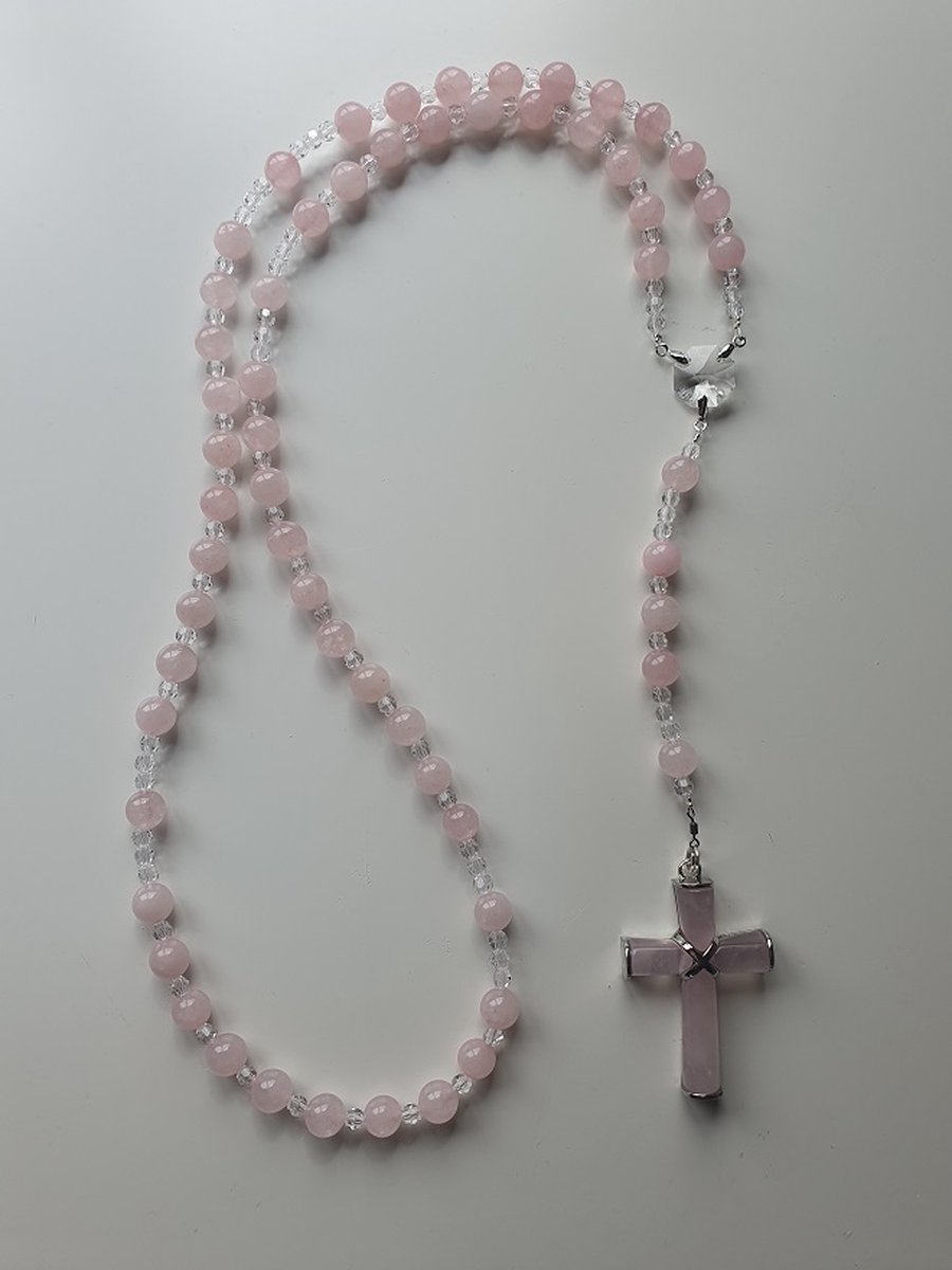 Rozenkrans, Paternoster geheel gemaakt met Rozenkwarts (halfedelsteen) en o.a. Kristallen van Swarovski met een kruis van Rozenkwarts (gebedssnoer, kruisteken, Meditatie, spiritueel, geloof, geloofsteken, Cadeau, ketting, gebedsketting, kerst