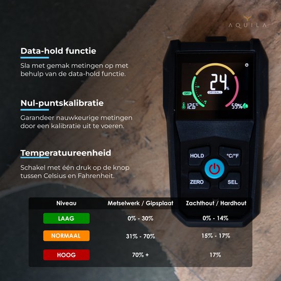 Aquila Vochtmeter voor Hout & Muren - Hygrometer Binnen Digitaal - Vochtmeters Haardhout en Pleisterwerken - Pinloze Houtvochtmeter - Vochtigheidsmeter - Incl Opbergtasje en Batterijen
