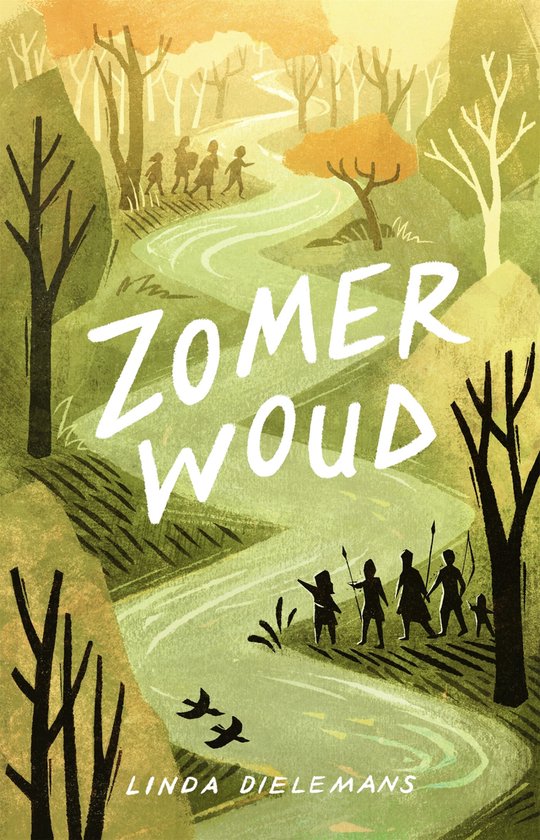 Boekcover 'Zomerwoud' met een rivier, bomen en lopende figuren in een bosrijk landschap.