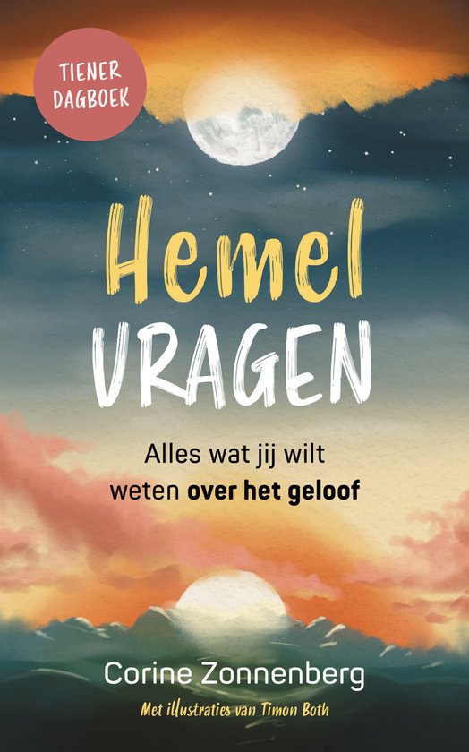 Boek kaft 'Hemel Vragen' met een zonsondergang, de maan en de tekst 'Alles wat jij wilt weten over het geloof'.