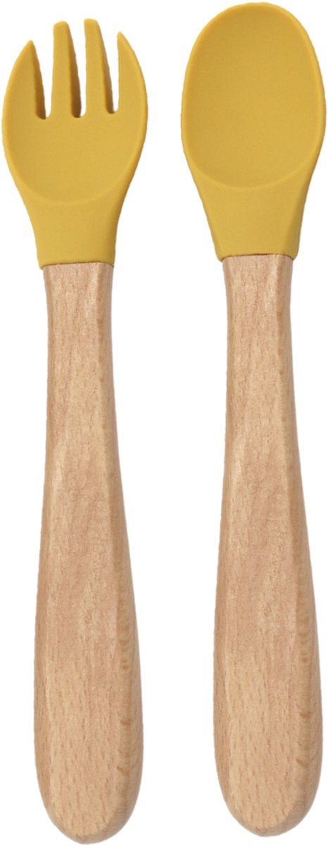 Goedkoopste Besteksetje (Mango) – Lepel & Vork – Siliconen - Hout - Baby - Vanaf 6 maanden