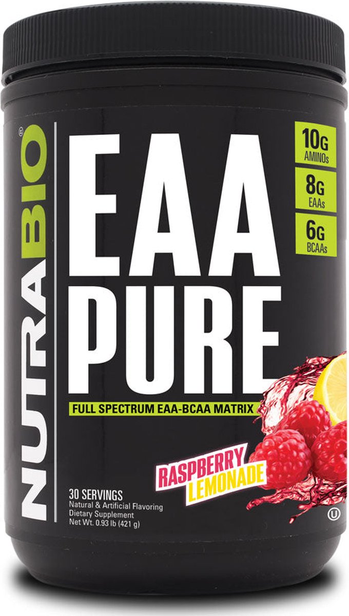 Goedkoopste Nutrabio EAA PURE - Optimale Spierherstel en Hydratatie met Alle 9 Essentiële Aminozuren - 30 servings Raspberry Lemonade