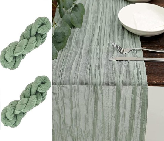 VINEST Lot De 2 Chemins De Table Vert Sauge 90x400cm En Gaze De Coton, Avec 8 Pinces, Pour Mariage, Banquet, Fête