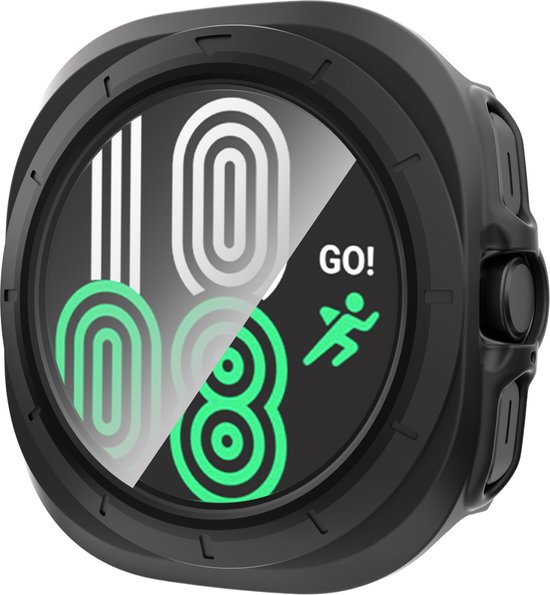 Zwart smartwatch hoesje met de tijd '10:08' en een rennend icoontje.