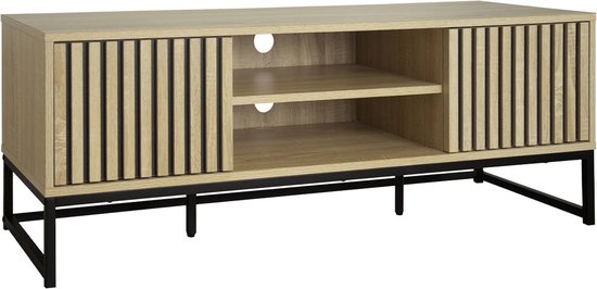 sweeek - Tv-meubel met gegroefd houtdecor en zwart metalen onderstel, druksysteem l 120