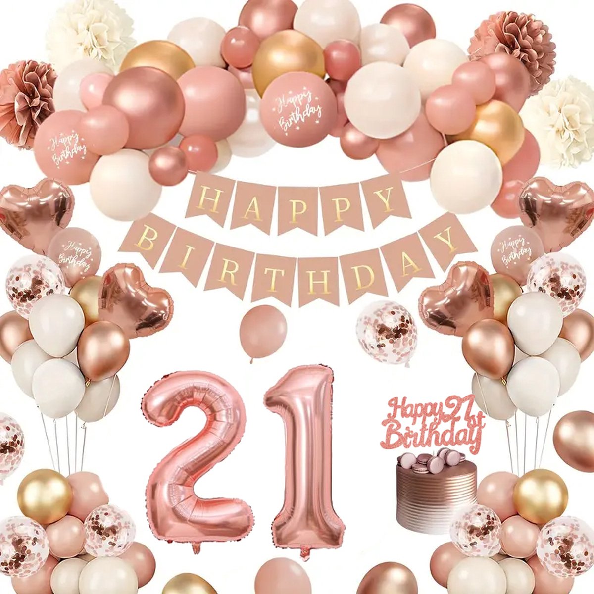 FeestmetJoep® 21 jaar verjaardag versiering & ballonnen - Rose goud & Wit