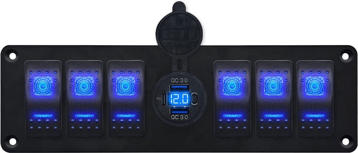 ProRide Schakelpaneel 12V voor Auto/Boot - USB C Stopcontact 3 Poorten met Schakelaar/Voltmeter - QC3.0 - 6 schakelaars - Blauw
