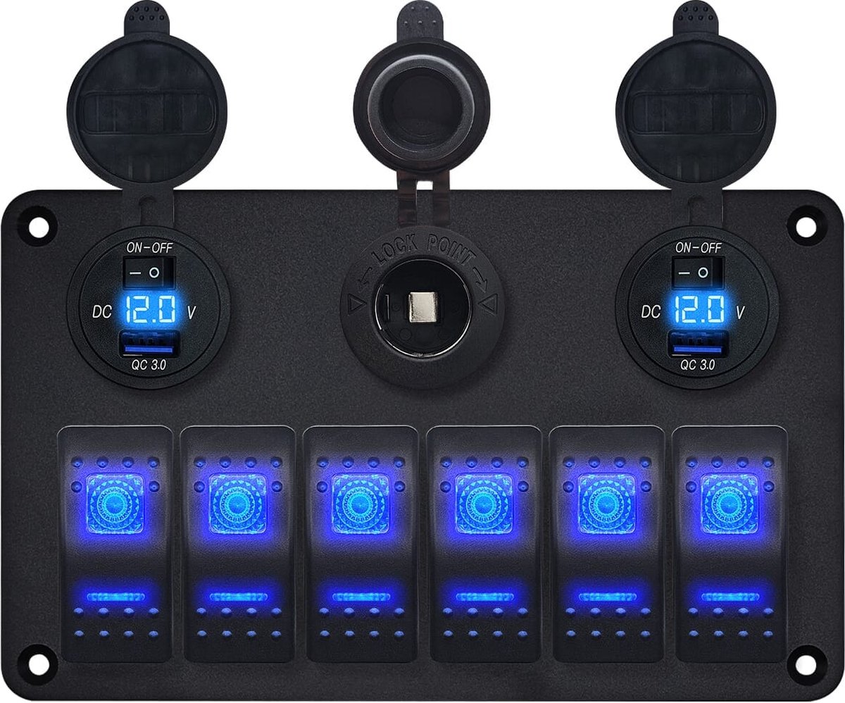 ProRide Schakelpaneel 12V voor Auto/Boot - USB Stopcontact met Schakelaar/Voltmeter - 5V/2.4A - 6 schakelaars + 12V/24V stopcontact