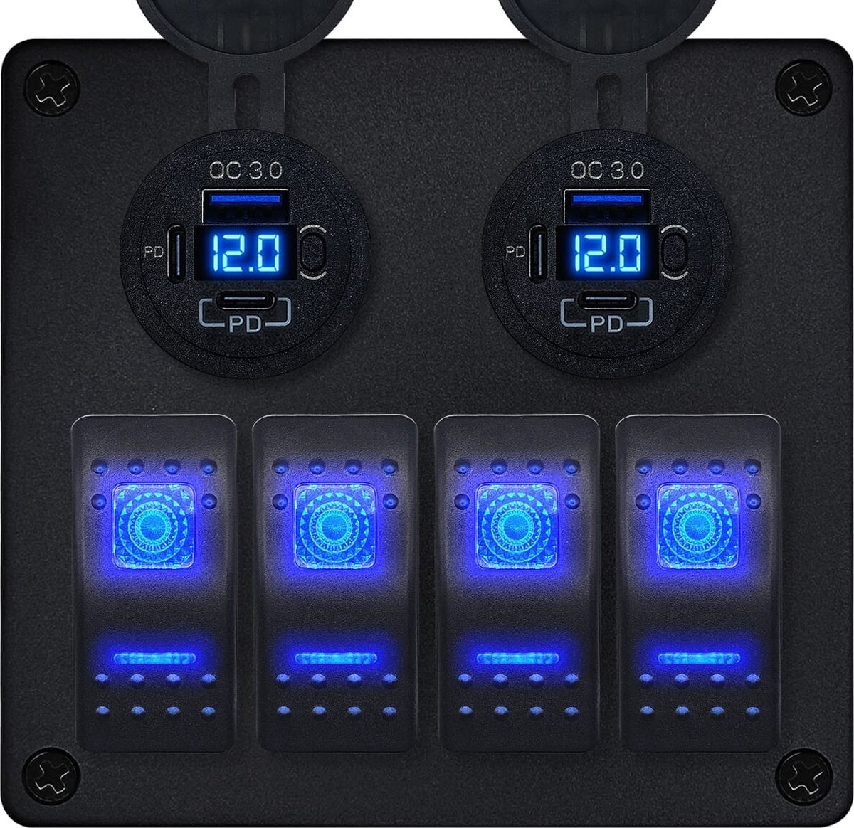 ProRide Schakelpaneel 12V voor Auto/Boot - USB C Stopcontact 6 Poorten met Schakelaar/Voltmeter - QC3.0 - 4 schakelaars - Blauw