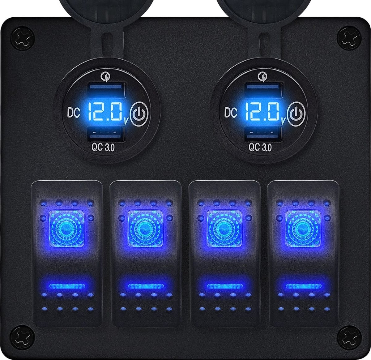 ProRide Schakelpaneel 12V voor Auto/Boot - USB Stopcontact 4 Poorten met Schakelaar en Voltmeter - QC3.0 - 4 schakelaars - Blauw