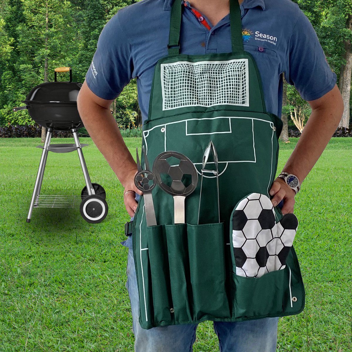 BBQ Gereedschap Voetbal Set - RVS met Schort & Handschoen