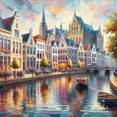 Olieverf groningen schilderij | Stilistische verbeelding: expressieve olieverf op de levendige stad Groningen | Kunst - 60x60 centimeter op Canvas | Foto op Canvas