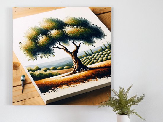 Acryl olijfboom schilderij | Levenskrachtige olijfboom: een acryl kunstwerk vol groene pracht | Kunst - 30x30 centimeter op Canvas | Foto op Canvas