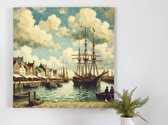 Olieverf haven schilderij | Maritiem meesterwerk: sprankelende havengezichten in detailrijk olieverf kunstwerk | Kunst - 50x50 centimeter op Dibond | Foto op Dibond